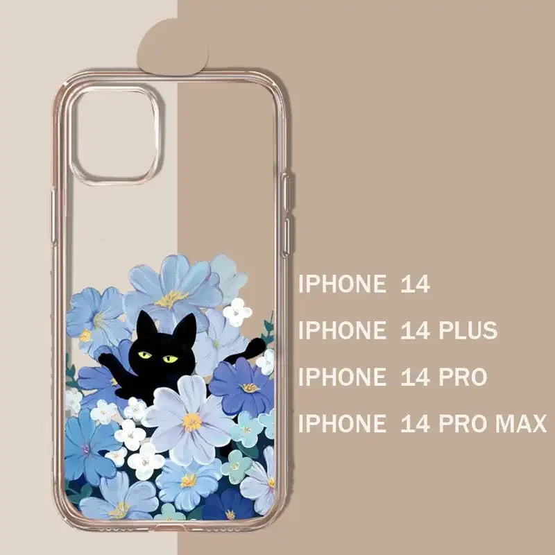 Transparent phone case with a design featuring a black cat among blue and white flowers.