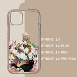 Transparent phone case with a floral design and black cat illustration.