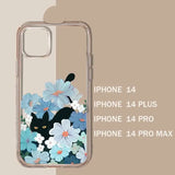 Transparent phone case with a floral design and a black cat peeking through blue flowers.