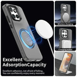 A transparent phone case with an integrated magnetic ring for wireless charging and accessories.