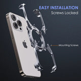 Transparent phone case with a ring holder attachment and mounting screws.