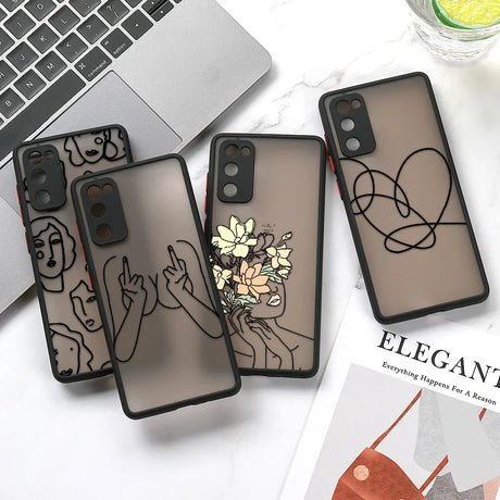 Back side of transparent samsung galaxy phone cases with black outlines and minimalist line art design illustrations
