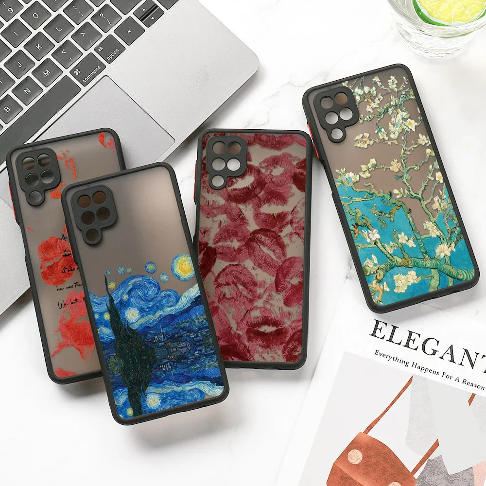 Back side of transparent samsung galaxy phone case with black edges featuring van gogh line art designs and lipstick marks