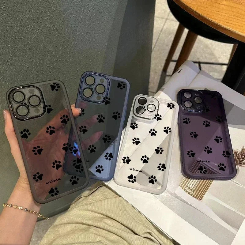 Transparent paw print phone cases in gray blue white and purple showing back for samsung galaxy s series