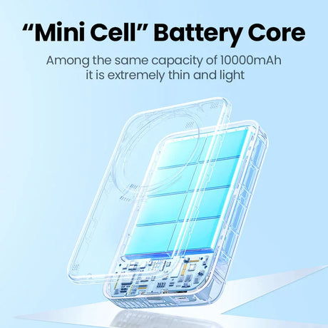 Transparent power bank showcasing a thin, blue ’Mini Cell’ battery core inside.