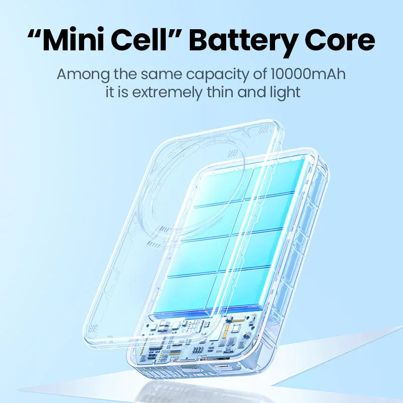 Transparent power bank showcasing a thin, blue ’Mini Cell’ battery core inside.