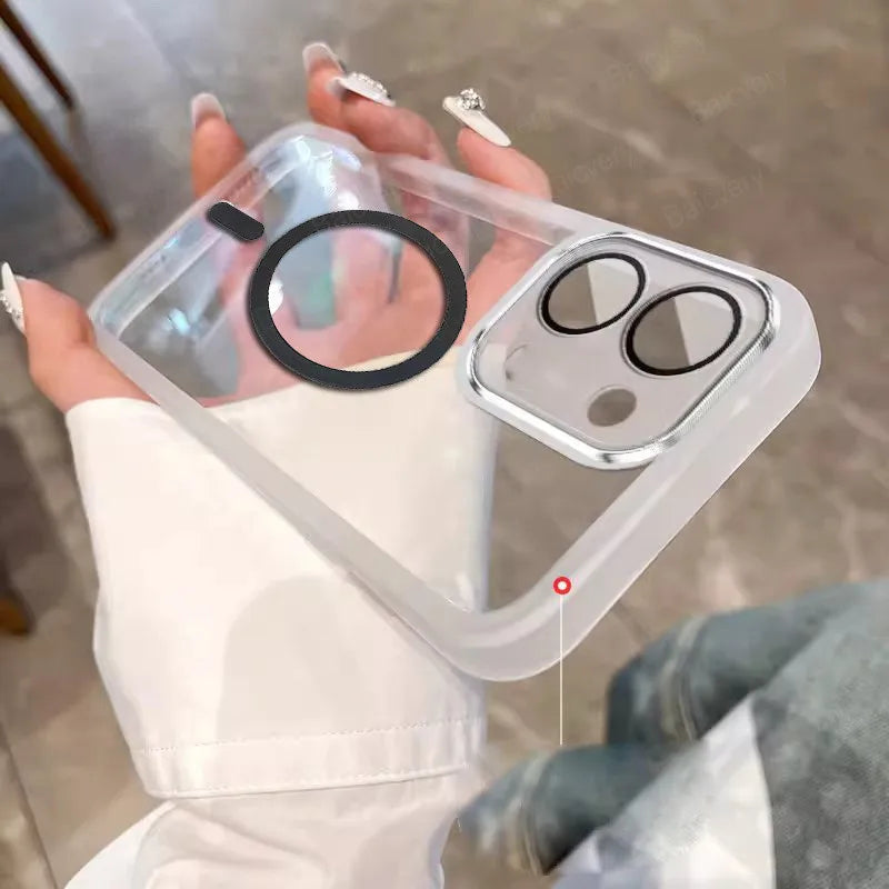 Transparent protective case for an iPhone, featuring cutouts for the camera lenses.