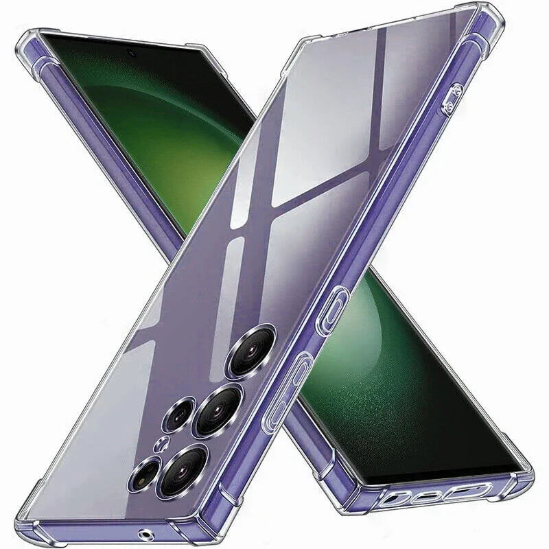 Transparent protective case for a purple smartphone with multiple camera lenses.