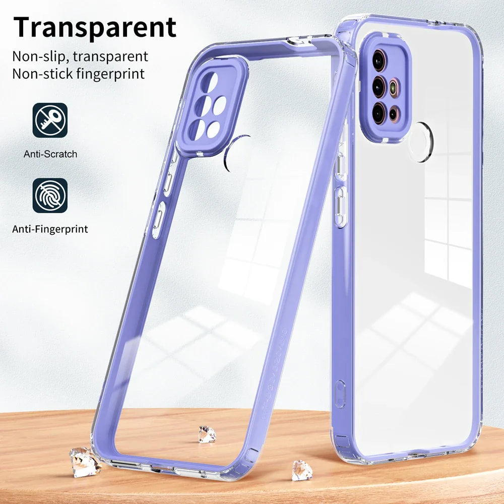 Transparent purple smartphone case with anti-scratch and anti-fingerprint features.