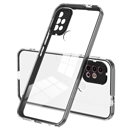 Transparent smartphone case with a black border and visible camera cutouts.