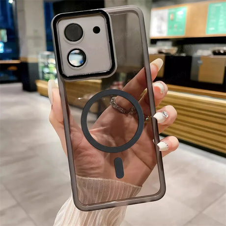 Transparent smartphone case with a built-in magnifying lens and camera cutouts.