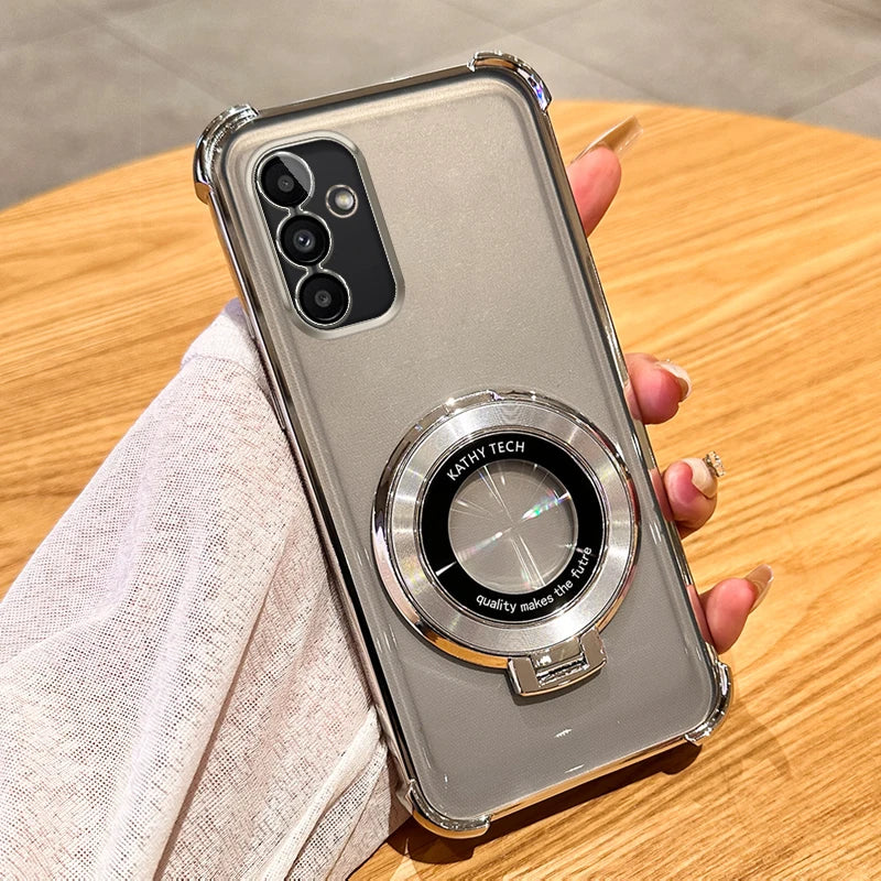 Transparent smartphone case with a circular magnetic ring attachment on the back.