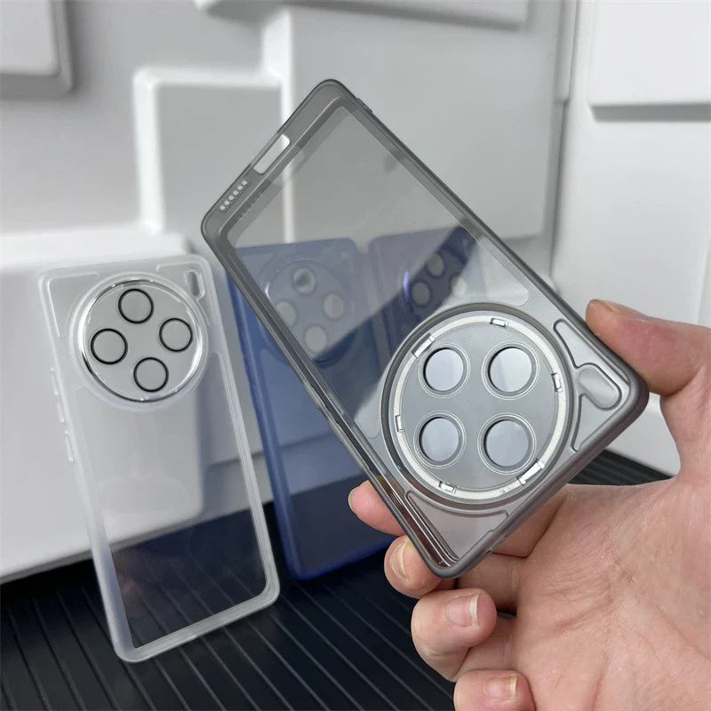 Transparent smartphone case with a circular camera lens design mimicking the iPhone’s camera layout.