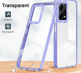 Transparent smartphone case with a purple border and anti-scratch, anti-fingerprint features.