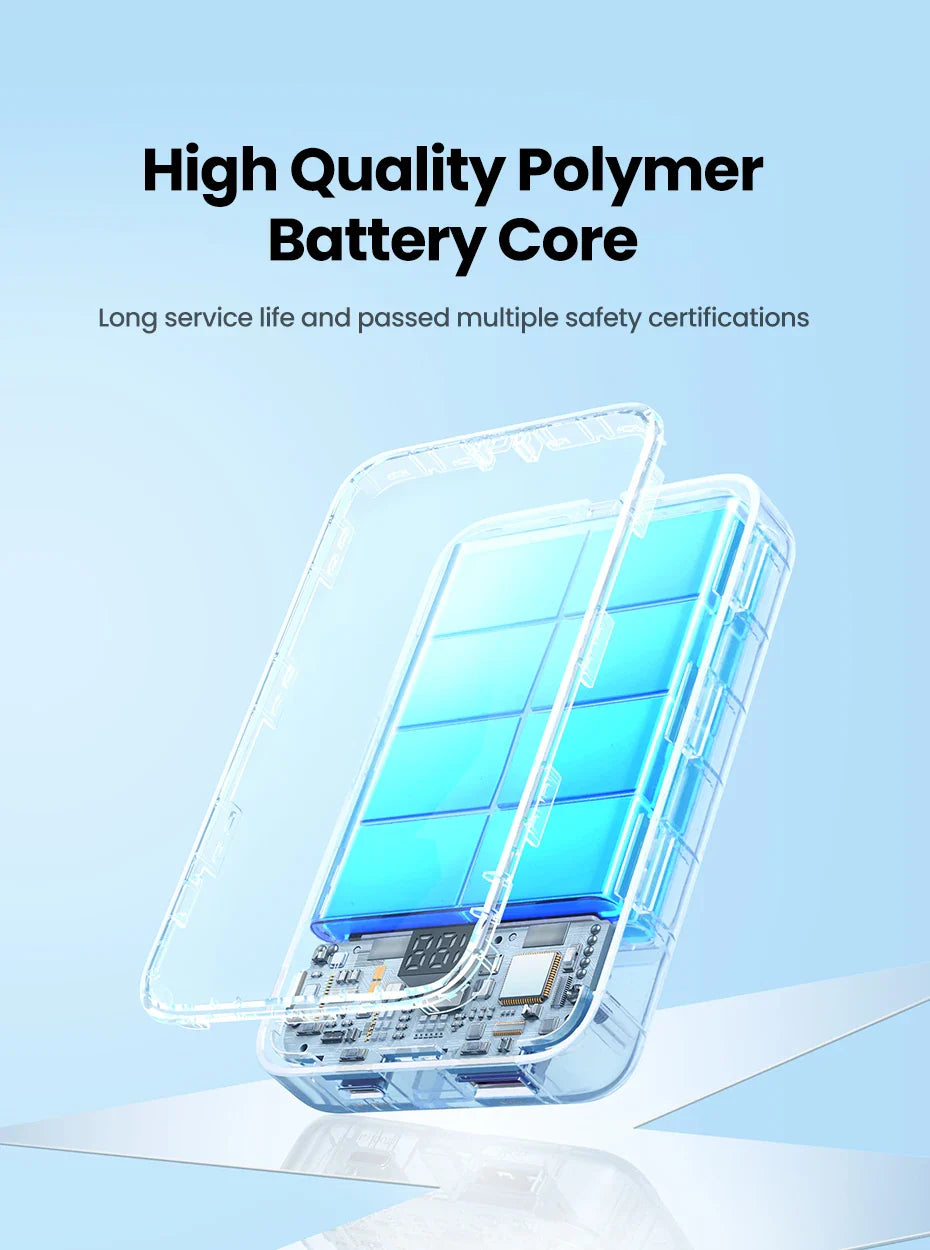 Transparent smartphone or portable device battery with visible internal components.