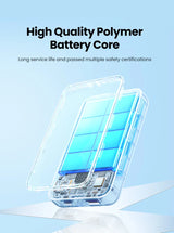 Transparent smartphone or portable device battery with visible internal components.