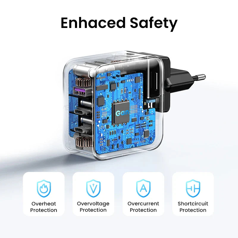 Transparent USB wall charger with visible blue circuit board and safety features highlighted.