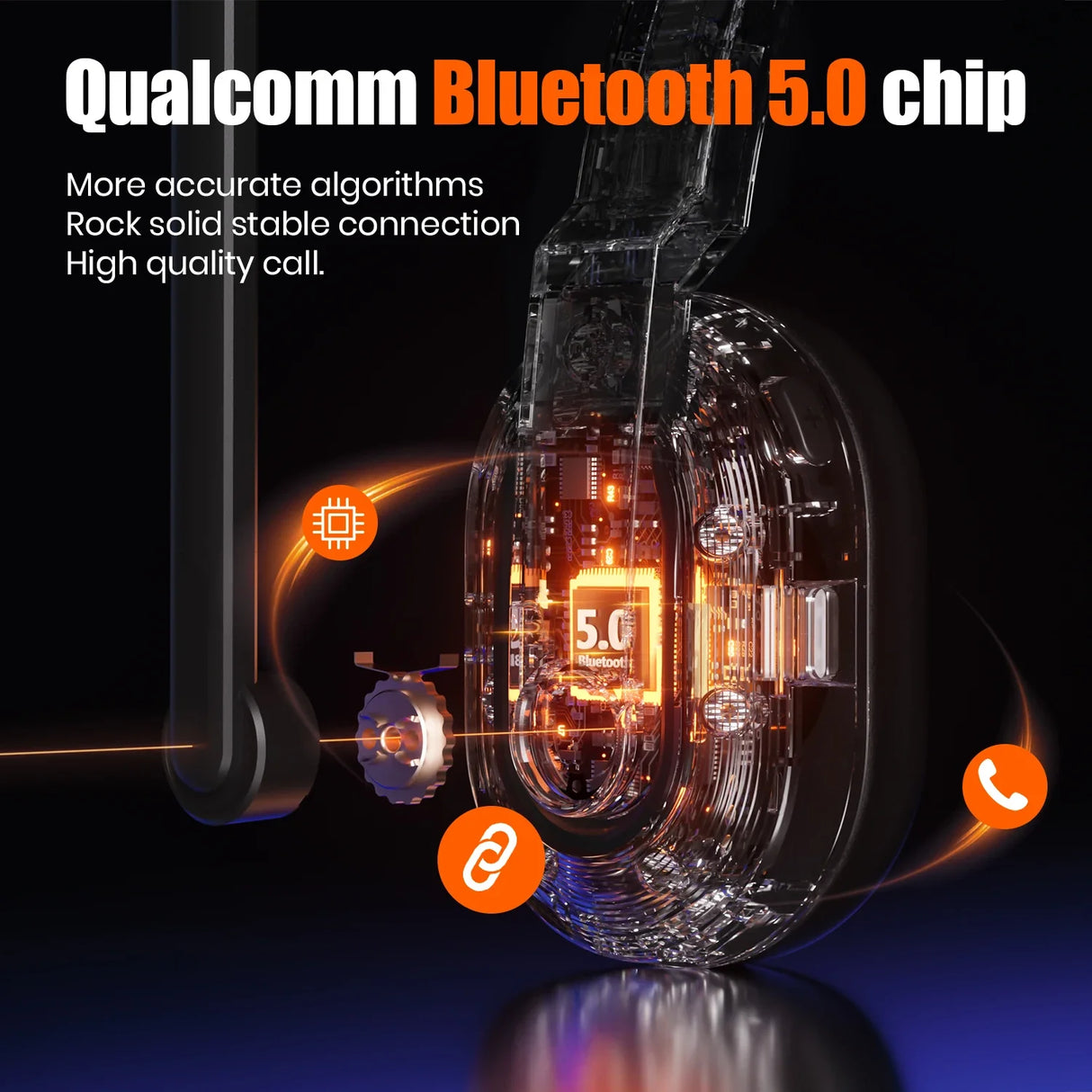 Transparent wireless earbud showcasing its internal Qualcomm Bluetooth 5.0 chip and components.