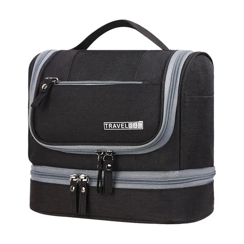 the travel bag is a small, black and grey bag with a zipper closure