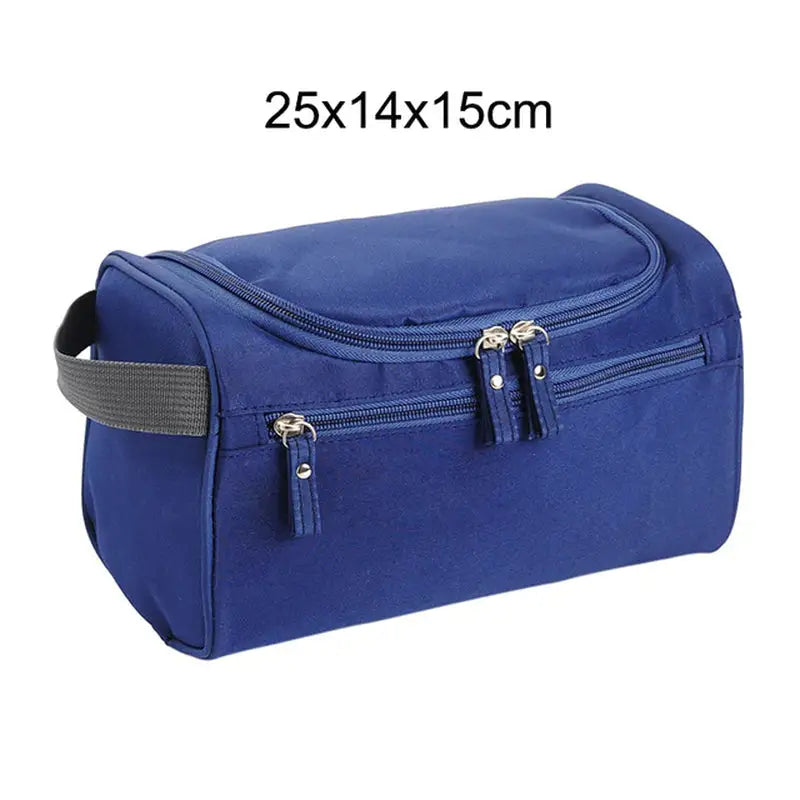 a blue travel toilet bag with zippers