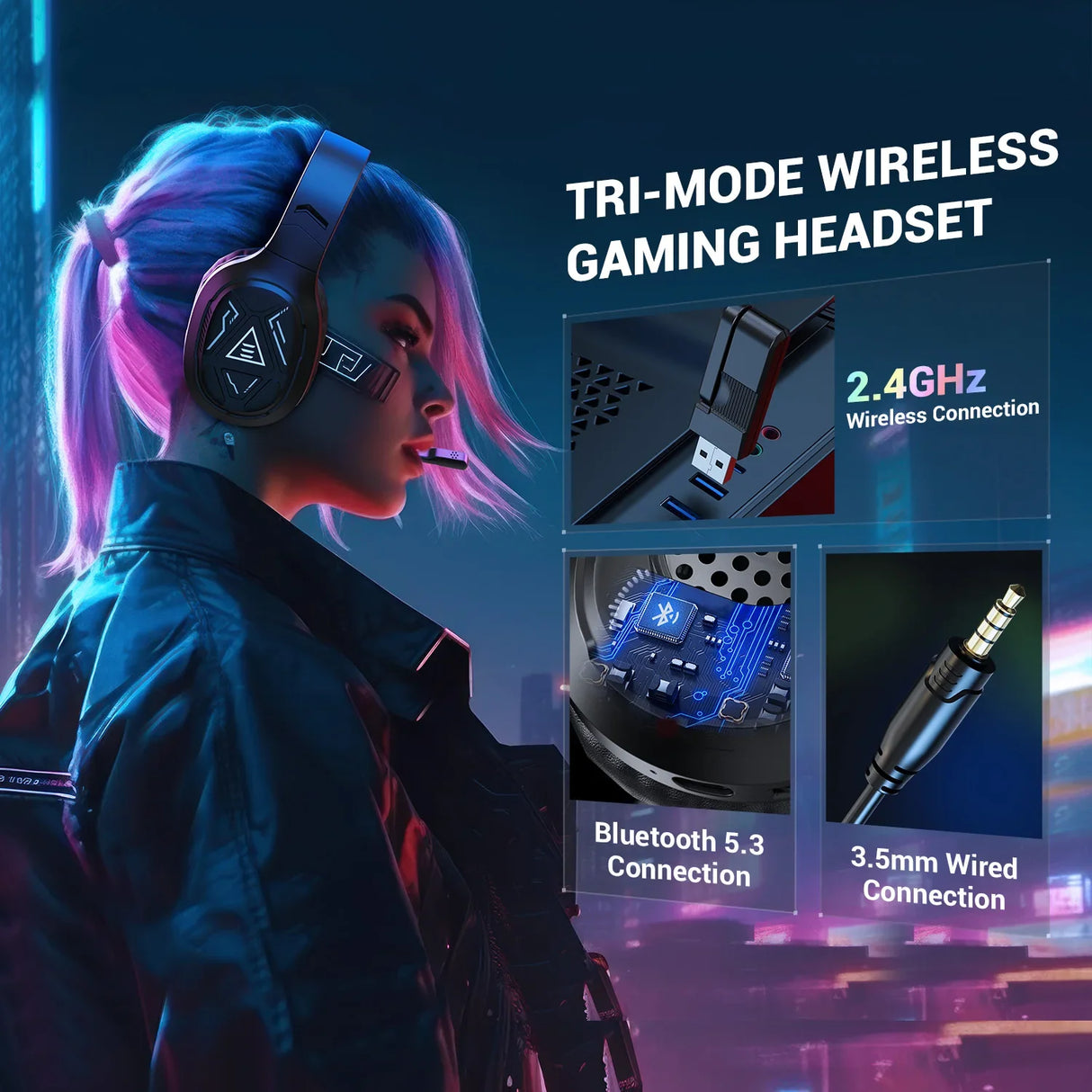 Tri-mode wireless gaming headset with 2.4GHz, Bluetooth 5.3, and 3.5mm wired connection options.