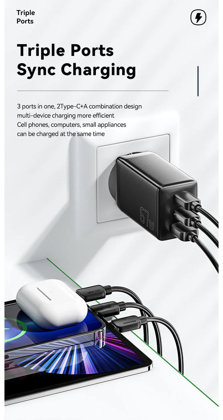 Triple-port charging adapter plugged into a wall outlet with three devices connected.