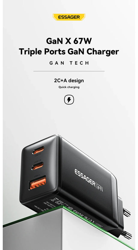 Triple-port GaN charger with 67W output capacity and quick charging capability.