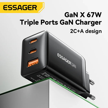 Triple-port GaN charger with 67W power output and 2C+A design.