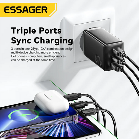 Triple-port USB charger adapter plugged into a wall outlet, charging multiple devices simultaneously.