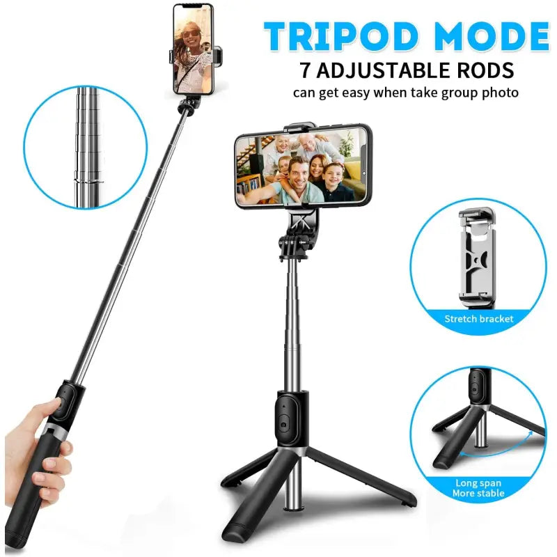 a person holding a phone and a tripod with a camera