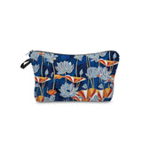 a blue and orange floral print cosmetic bag