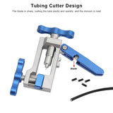 a blue pipe cutter with a black hose