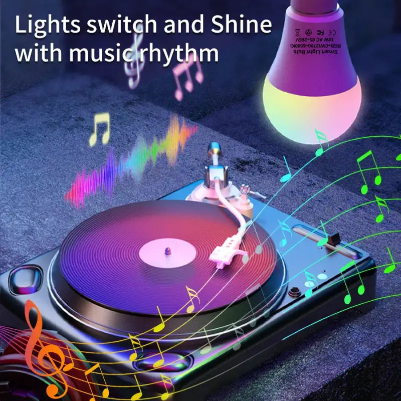 a turntable with music notes and a light bulb