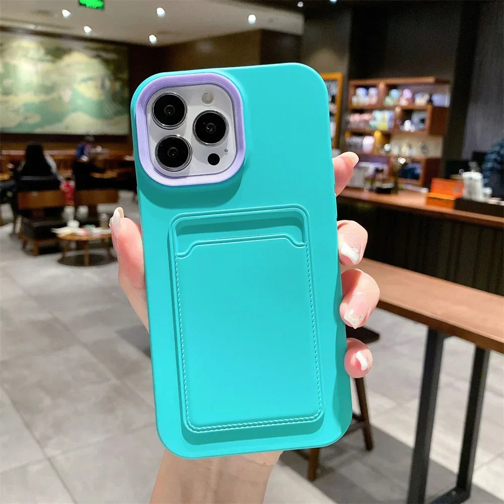 Turquoise phone case with card holder.