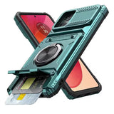 Turquoise smartphone case with a kickstand ring and credit card slot.