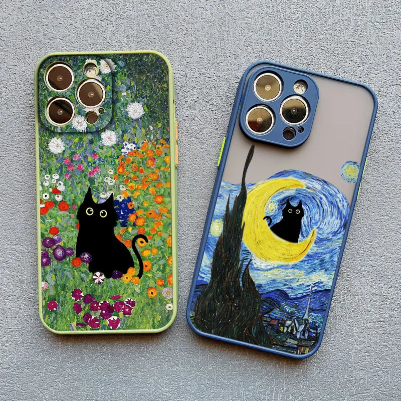 Two artistic iPhone cases featuring black cats in famous painting styles.