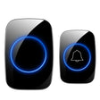 Two black and blue buttons with a bell on them