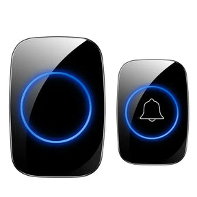 Two black and blue buttons with a bell on them