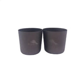 two black cups with the logo of the company