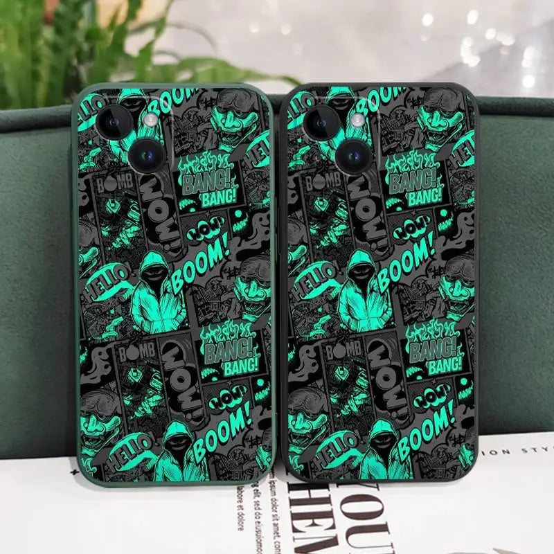 two black and green phone cases with green and black designs