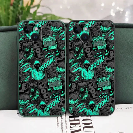 Two black and green phone cases with green and black designs