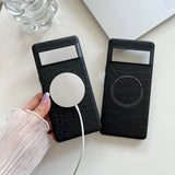 Two black leather-textured iPod cases with circular openings.