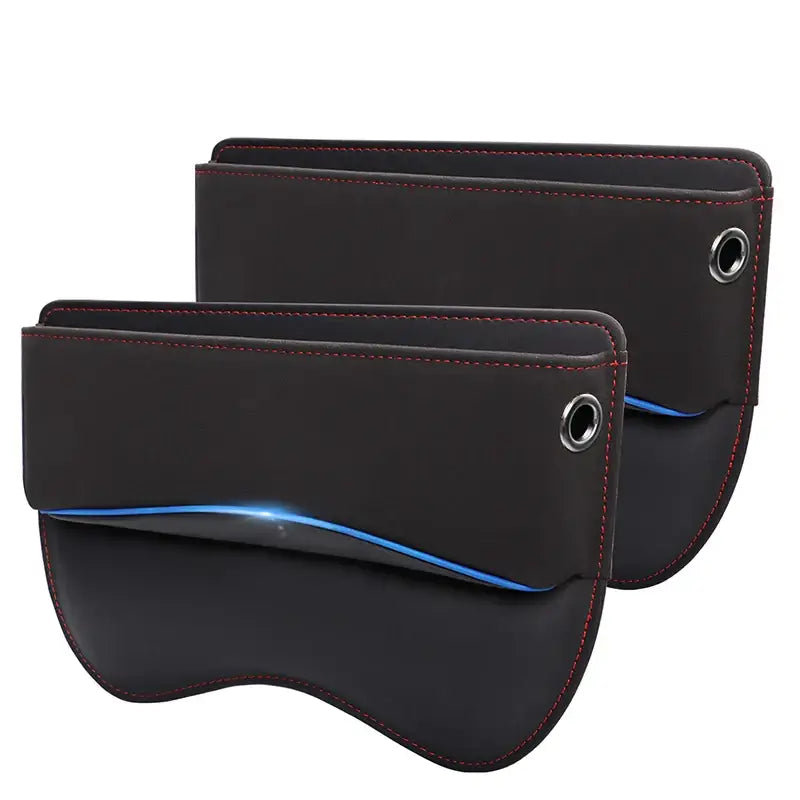 two black leather wallets with blue leds