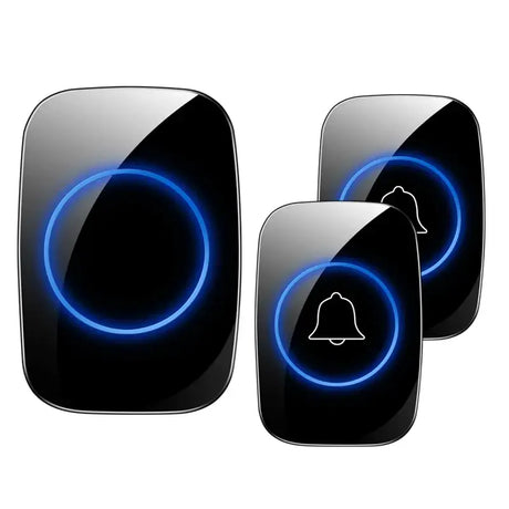 Two black speakers with blue lights