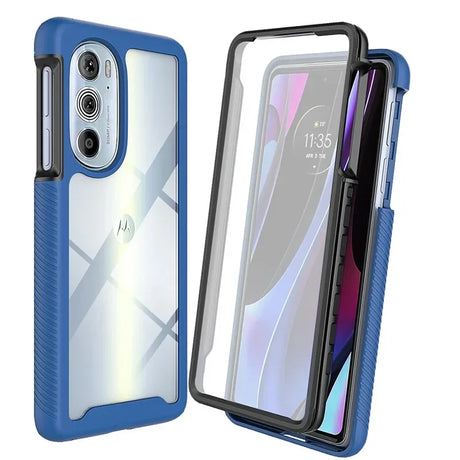 Two blue and clear protective phone cases designed for a Motorola smartphone.