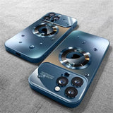 Two blue phone cases with a metallic camera ring and multiple camera cutouts.