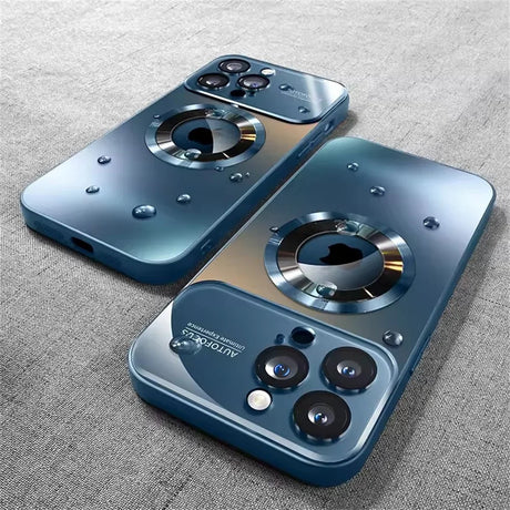 Two blue phone cases with a metallic camera ring and multiple camera cutouts.