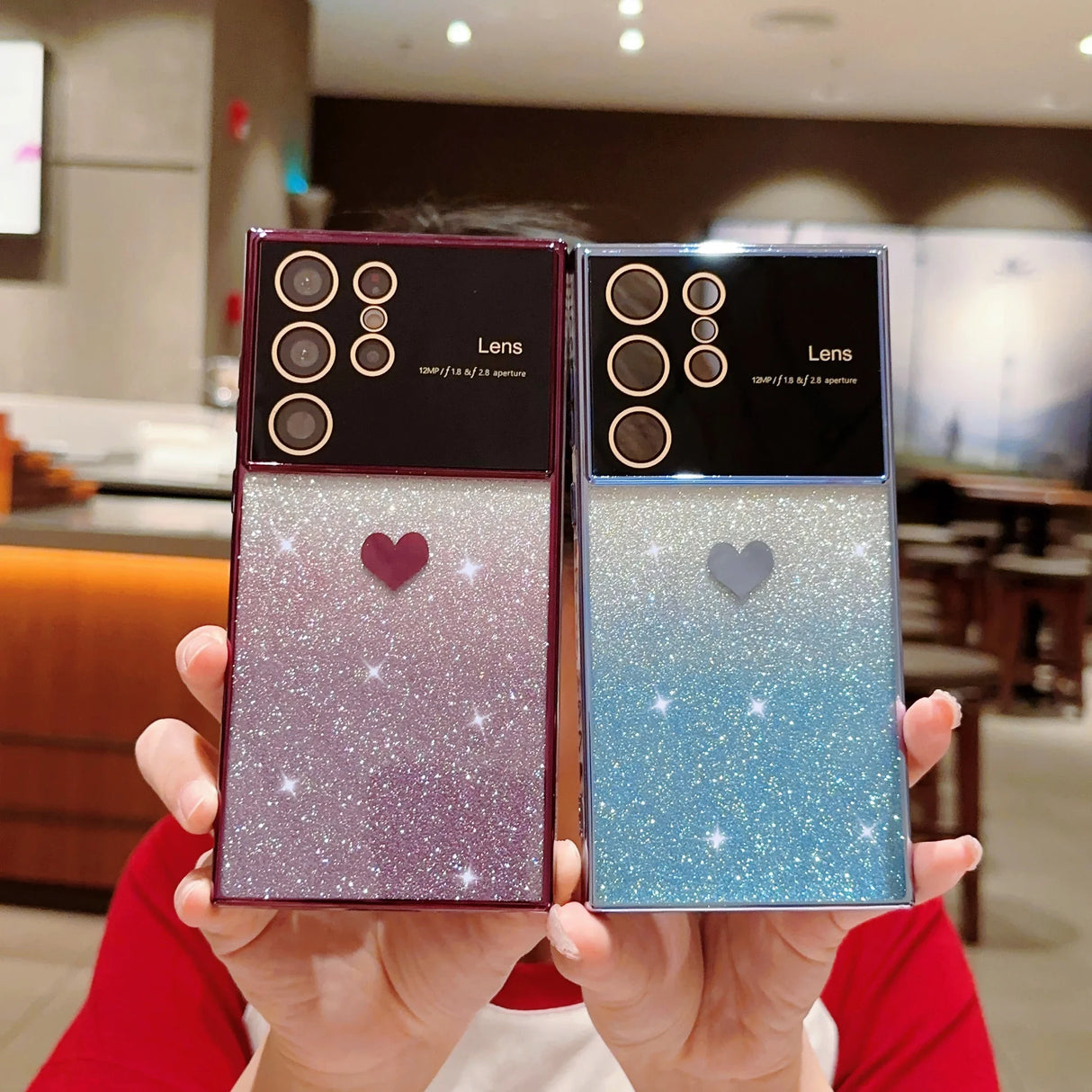 two cases with glitter and heart