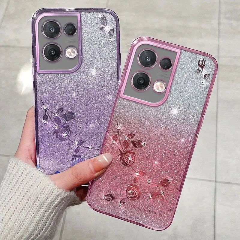 two cases with glitter glitter and rose flowers