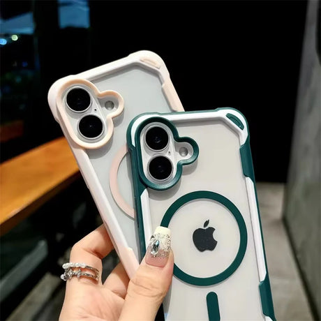 Two clear iPhone cases with colorful accents and MagSafe rings.
